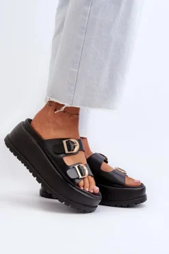 Damskie Klapki Na Masywnej Platformie Czarne Mililena