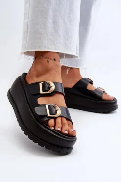 Damskie Klapki Na Masywnej Platformie Czarne Mililena