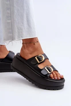 Damskie Klapki Na Masywnej Platformie Czarne Mililena