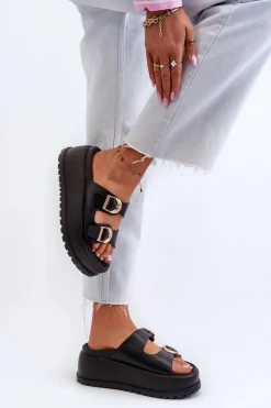 Damskie Klapki Na Masywnej Platformie Czarne Mililena