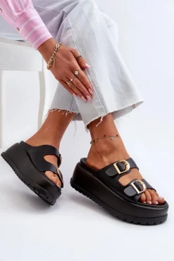 Damskie Klapki Na Masywnej Platformie Czarne Mililena