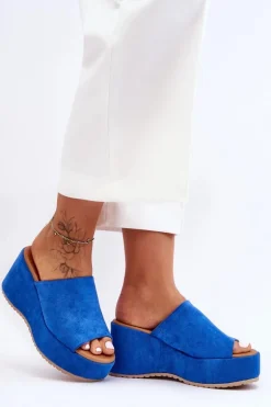 Damskie Klapki Na Masywnej Platformie Niebieskie Martina