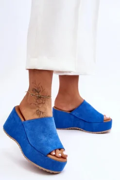 Damskie Klapki Na Masywnej Platformie Niebieskie Martina