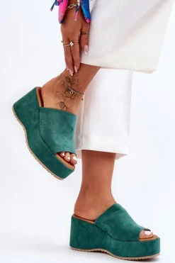 Damskie Klapki Na Masywnej Platformie Zielone Martina