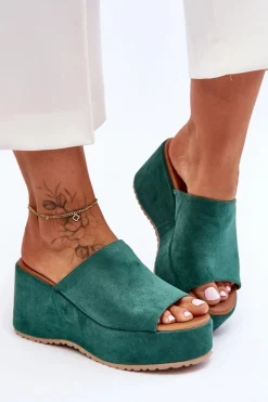 Damskie Klapki Na Masywnej Platformie Zielone Martina