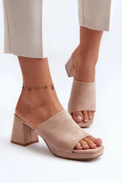 Damskie Klapki Na Obcasie Beżowe Bralya