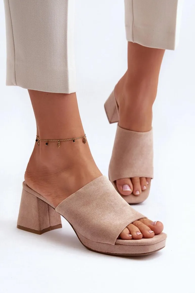 Damskie Klapki Na Obcasie Beżowe Bralya