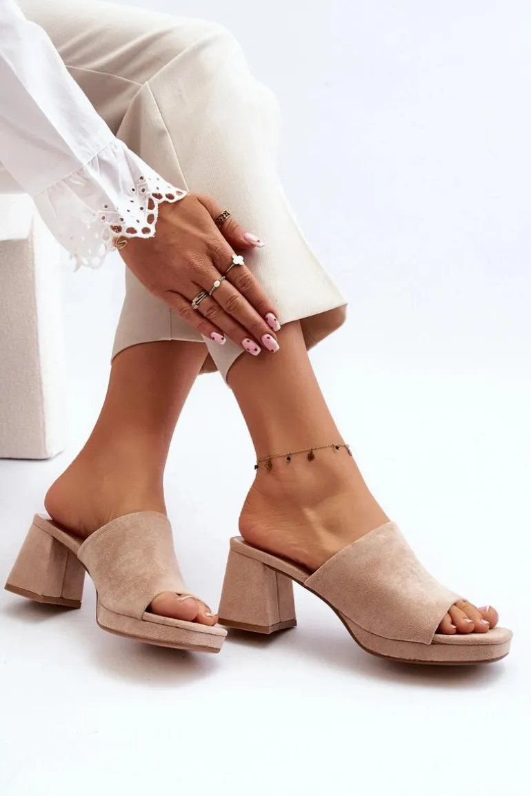 Damskie Klapki Na Obcasie Beżowe Bralya