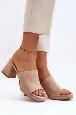 Damskie Klapki Na Obcasie Beżowe Bralya