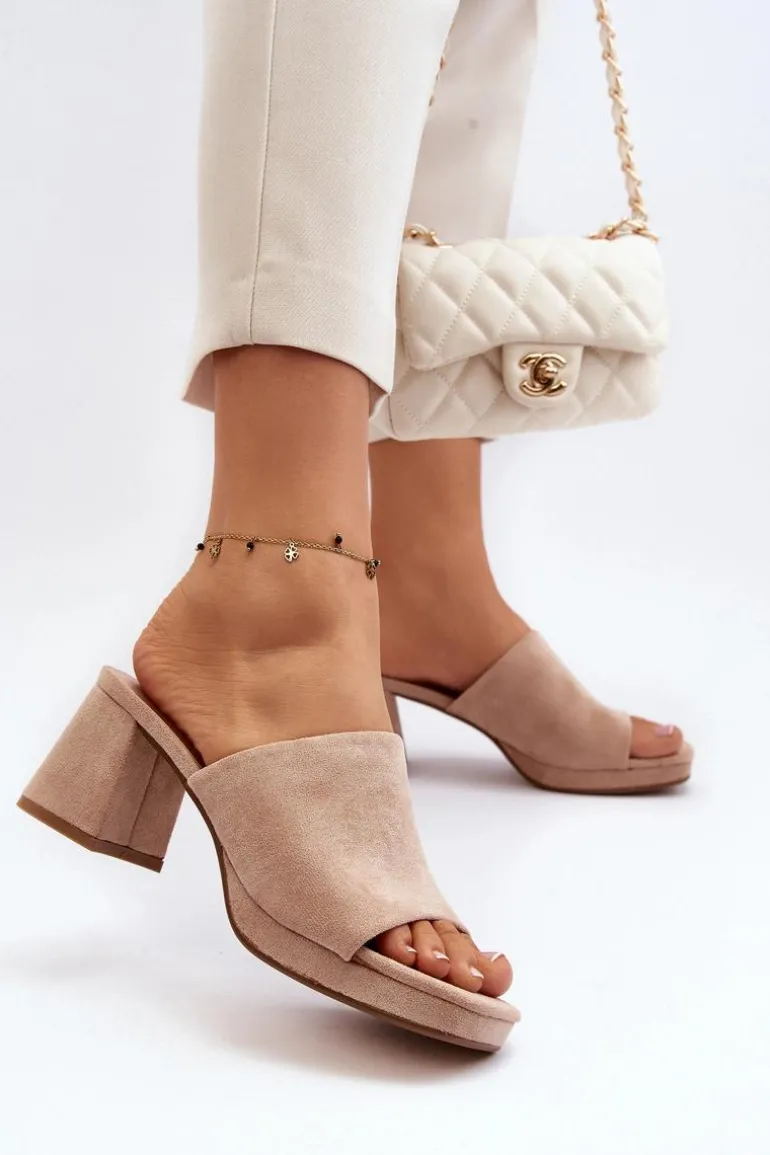 Damskie Klapki Na Obcasie Beżowe Bralya