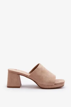 Damskie Klapki Na Obcasie Beżowe Bralya