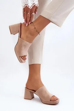 Damskie Klapki Na Obcasie Beżowe Bralya