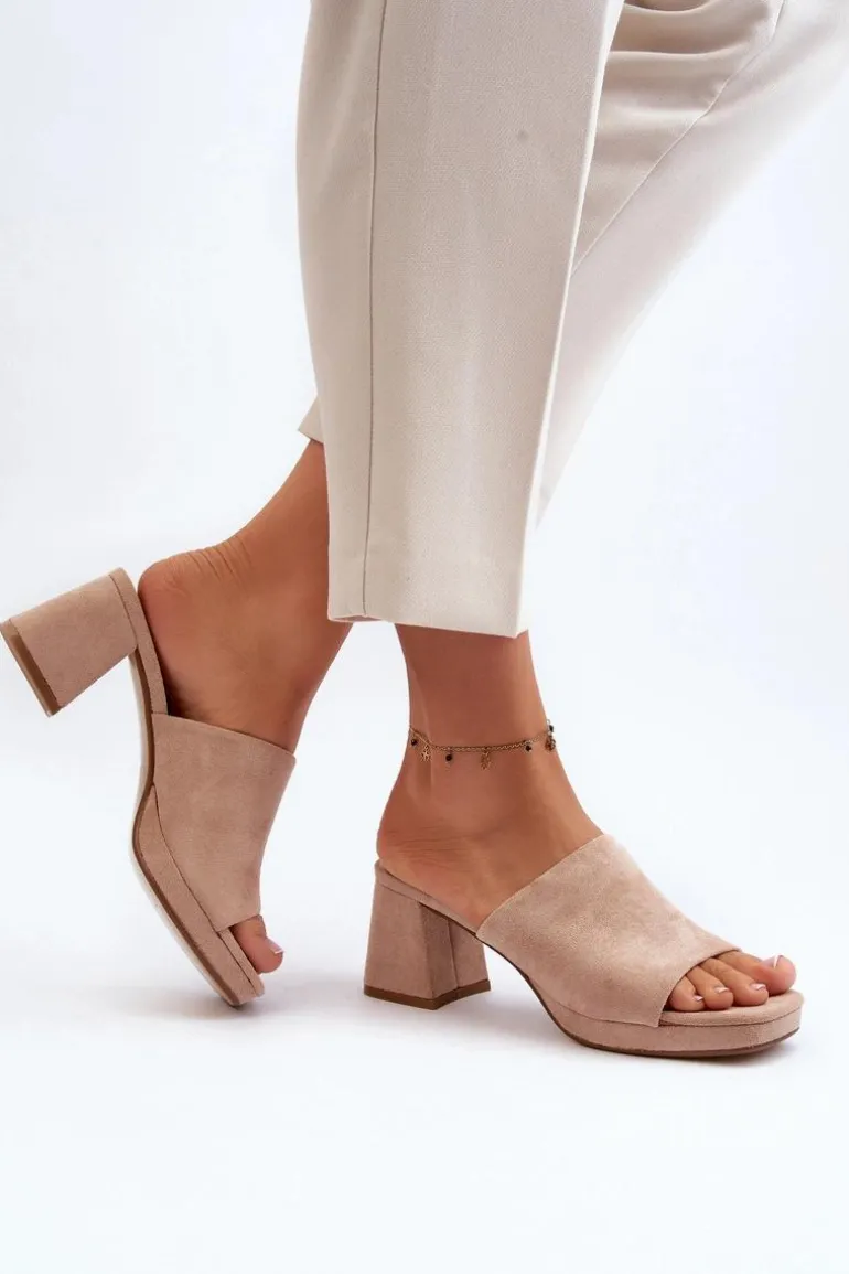 Damskie Klapki Na Obcasie Beżowe Bralya