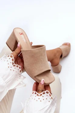 Damskie Klapki Na Obcasie Beżowe Bralya