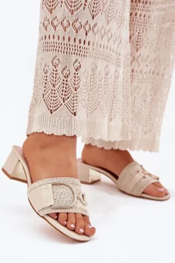 Damskie Klapki Na Obcasie Z Ozdobnym Detalem Beżowe Julinemi