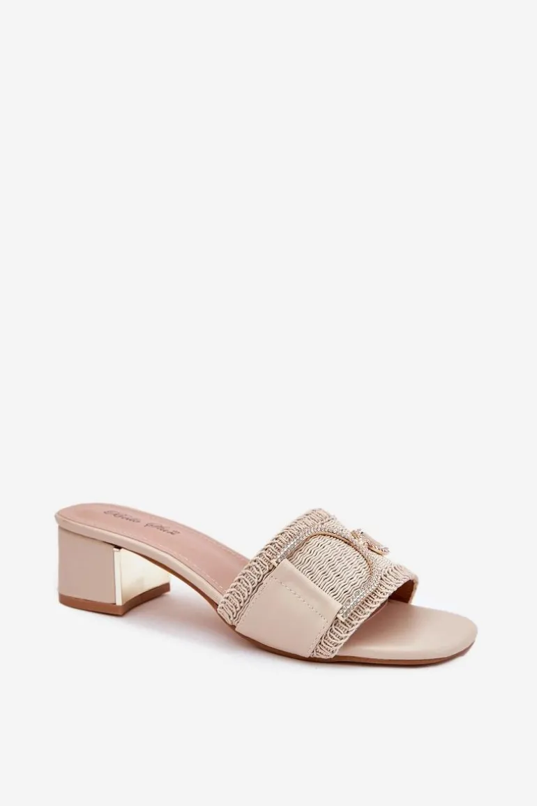 Damskie Klapki Na Obcasie Z Ozdobnym Detalem Beżowe Julinemi