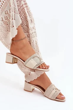 Damskie Klapki Na Obcasie Z Ozdobnym Detalem Beżowe Julinemi