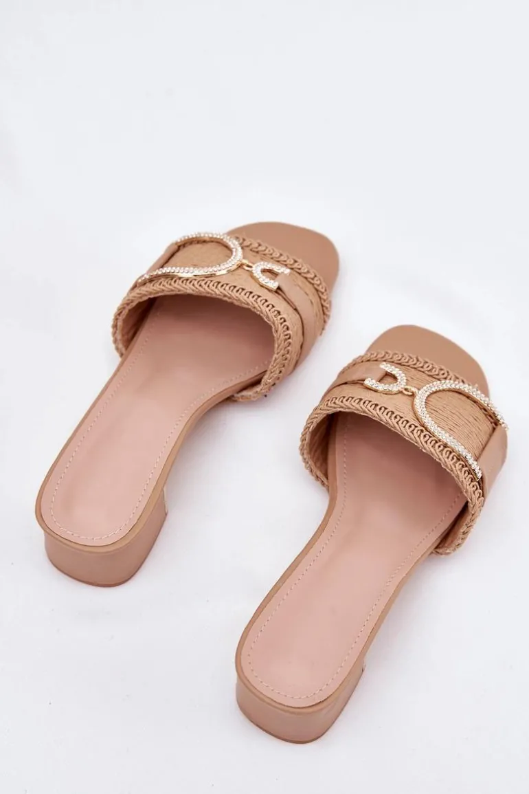 Damskie Klapki Na Obcasie Z Ozdobnym Detalem Ciemnobeżowe Julinemi