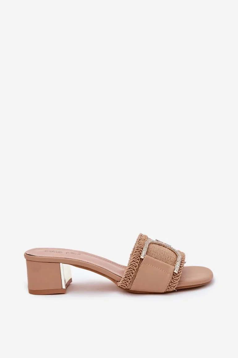 Damskie Klapki Na Obcasie Z Ozdobnym Detalem Ciemnobeżowe Julinemi