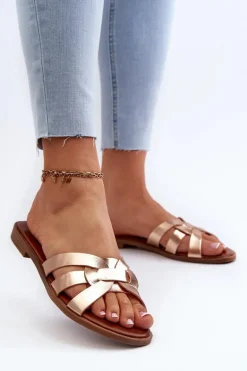 Damskie Klapki Na Płaskim Obcasie Z Eko Skóry Złote Rosalini