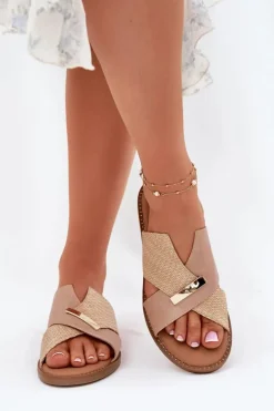 Damskie Klapki Na Płaskim Obcasie Z Ozdobnym Detalem Vinceza 17385 Beżowe