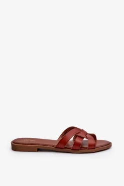 Damskie Klapki Na Płaskim Obcasie Z Eko Skóry Brązowe Rosalini