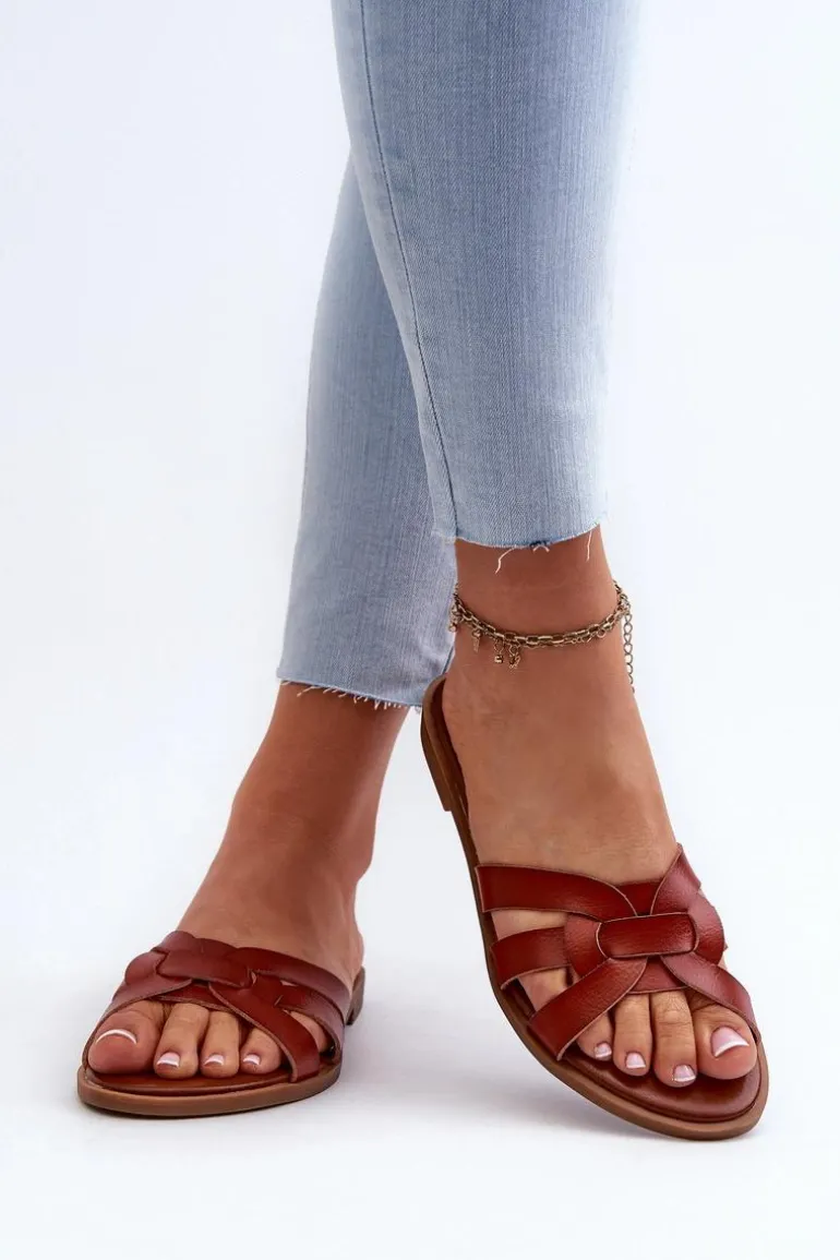 Damskie Klapki Na Płaskim Obcasie Z Eko Skóry Brązowe Rosalini