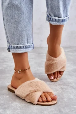 Damskie Klapki Na Płaskim Obcasie Z Futerkiem Nude Lussie