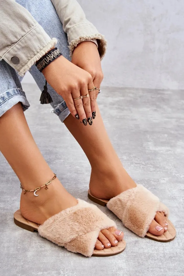 Damskie Klapki Na Płaskim Obcasie Z Futerkiem Nude Lussie