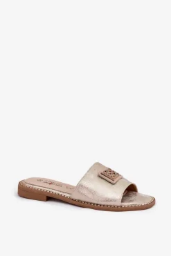 Damskie Klapki Na Płaskim Obcasie Z Ozdobą S.Barski KV51-089 Złote