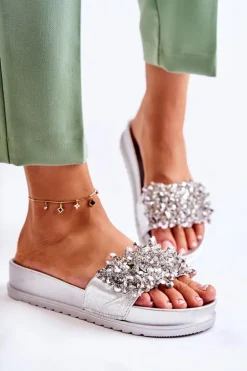 Damskie Klapki Na Platformie Z Ozdobami Srebrne Almina