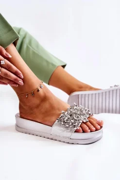 Damskie Klapki Na Platformie Z Ozdobami Srebrne Almina