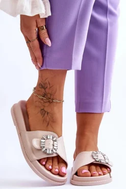 Damskie Klapki Na Platformie Z Ozdobą Beżowe Beneca