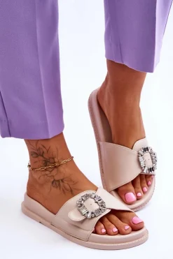 Damskie Klapki Na Platformie Z Ozdobą Beżowe Beneca