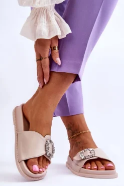 Damskie Klapki Na Platformie Z Ozdobą Beżowe Beneca