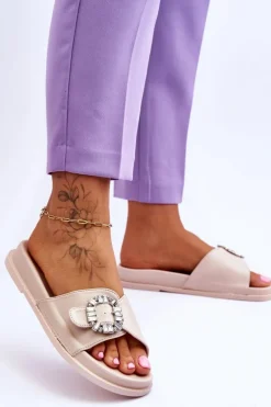 Damskie Klapki Na Platformie Z Ozdobą Beżowe Beneca