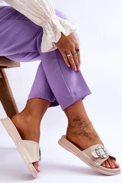 Damskie Klapki Na Platformie Z Ozdobą Beżowe Beneca