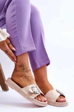 Damskie Klapki Na Platformie Z Ozdobą Beżowe Beneca