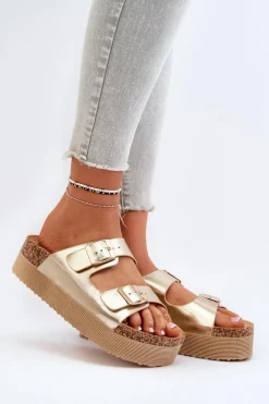 Damskie Klapki Na Platformie Z Klamrami Złote Lolpey