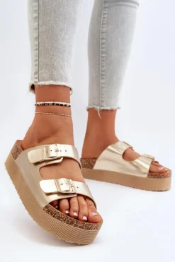 Damskie Klapki Na Platformie Z Klamrami Złote Lolpey