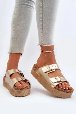 Damskie Klapki Na Platformie Z Klamrami Złote Lolpey