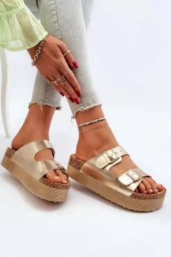 Damskie Klapki Na Platformie Z Klamrami Złote Lolpey