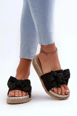 Damskie Klapki Na Platformie Z Kokardą Czarne Aflia