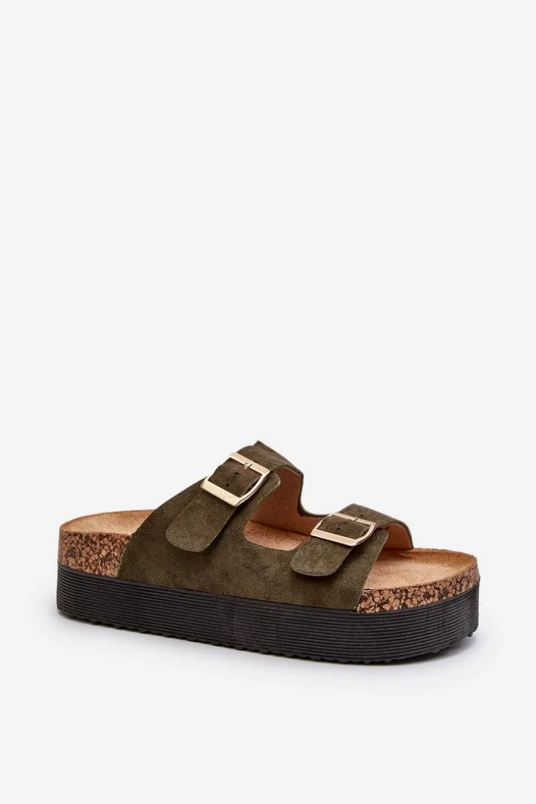 Damskie Klapki Na Platformie Z Klamrami Zielone Lolpey