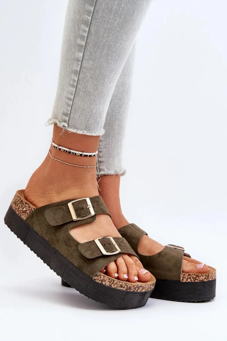 Damskie Klapki Na Platformie Z Klamrami Zielone Lolpey