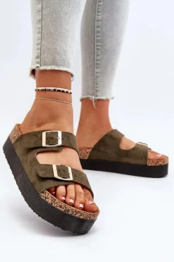 Damskie Klapki Na Platformie Z Klamrami Zielone Lolpey