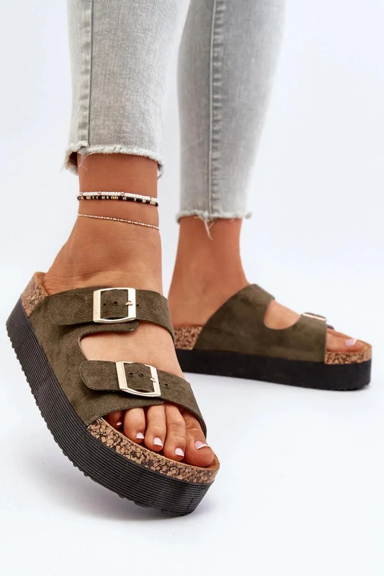 Damskie Klapki Na Platformie Z Klamrami Zielone Lolpey