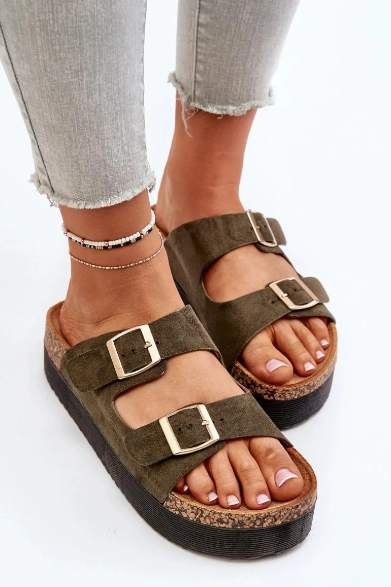 Damskie Klapki Na Platformie Z Klamrami Zielone Lolpey