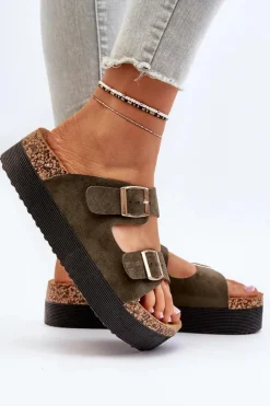 Damskie Klapki Na Platformie Z Klamrami Zielone Lolpey