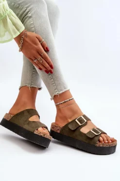 Damskie Klapki Na Platformie Z Klamrami Zielone Lolpey